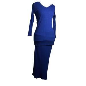 Lesley Evers Royal Blue  Ribbed Fitted Shirt Skirt Set Loungewear Casual Sz Xl/L